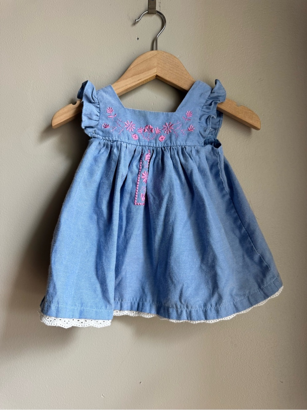 Samara Blue Chambray Pink Floral Embroidery Dress 3M Cottagecore Boho Scandi